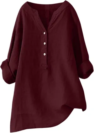 Linen Tops for Women Oversized Crewneck Summer Short Sleeve Linen Tee Shirts Buttons Casual Comfy Blouse Tops