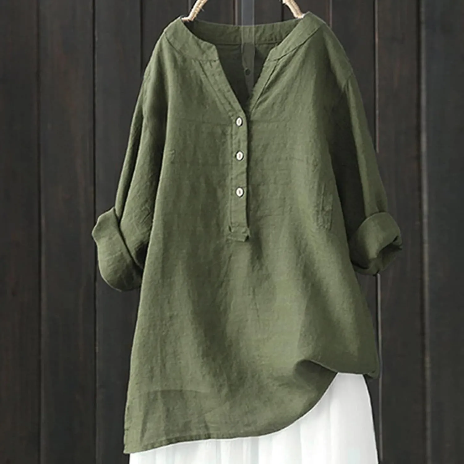 Linen Tops for Women Summer Casual Button Down 3/4 Sleeve Loose Cotton Linen Shirts V Neck Plus Size Tunic Tops Dressy Blouse