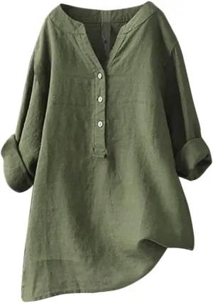 Linen Tops for Women Summer Casual Button Down 3/4 Sleeve Loose Cotton Linen Shirts V Neck Plus Size Tunic Tops Dressy Blouse