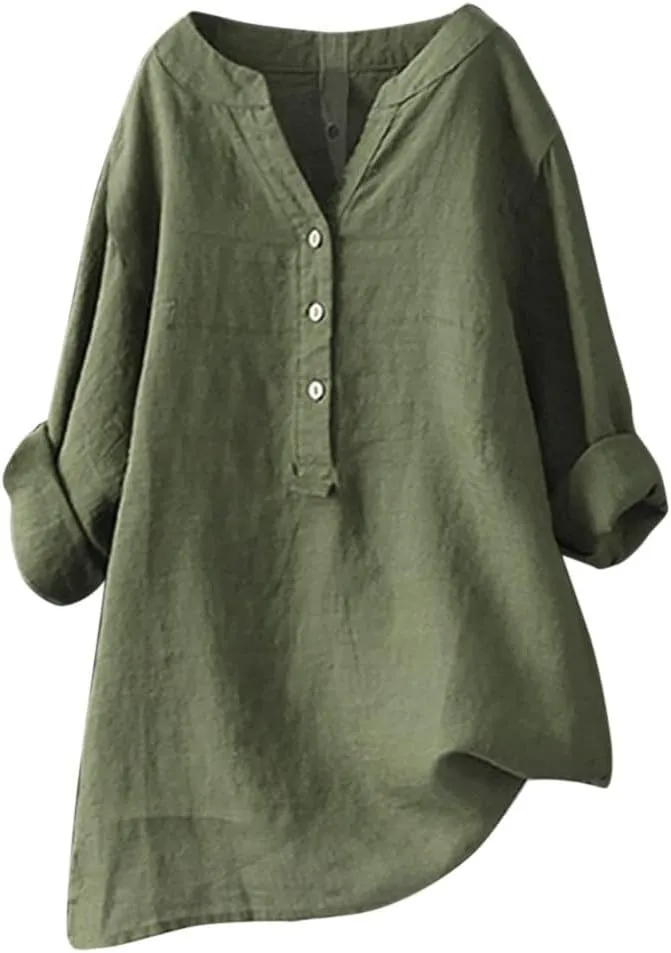 Linen Tops for Women Summer Casual Button Down 3/4 Sleeve Loose Cotton Linen Shirts V Neck Plus Size Tunic Tops Dressy Blouse