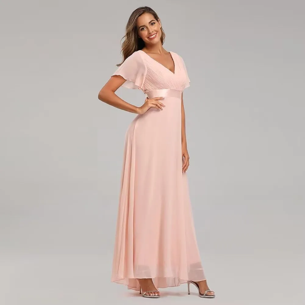 Long Chiffon Evening Gowns A-Line Empire Waist Formal Dress with Flutter Sleeves FBALN01
