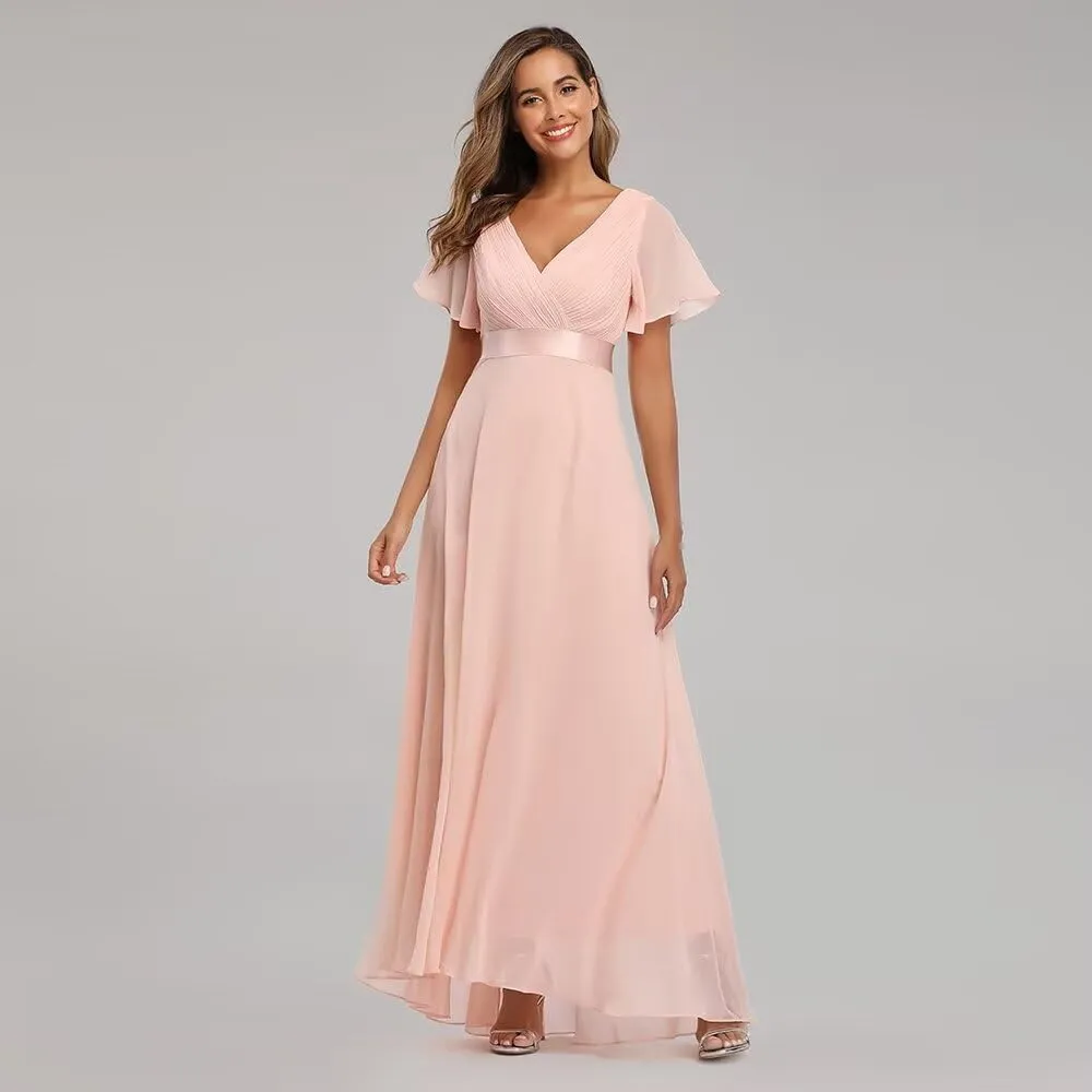 Long Chiffon Evening Gowns A-Line Empire Waist Formal Dress with Flutter Sleeves FBALN01