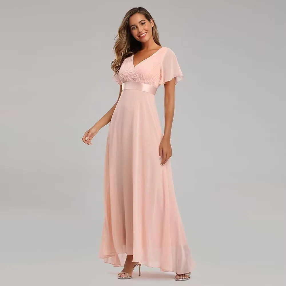 Long Chiffon Evening Gowns A-Line Empire Waist Formal Dress with Flutter Sleeves FBALN01