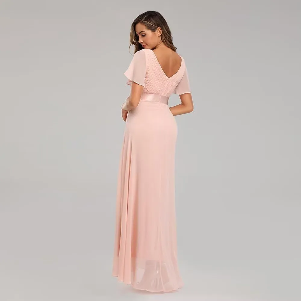 Long Chiffon Evening Gowns A-Line Empire Waist Formal Dress with Flutter Sleeves FBALN01