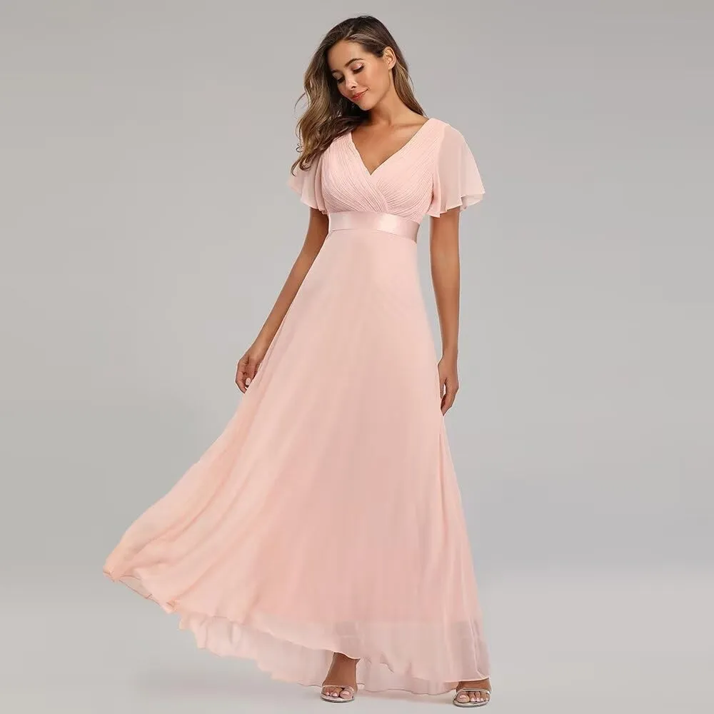 Long Chiffon Evening Gowns A-Line Empire Waist Formal Dress with Flutter Sleeves FBALN01