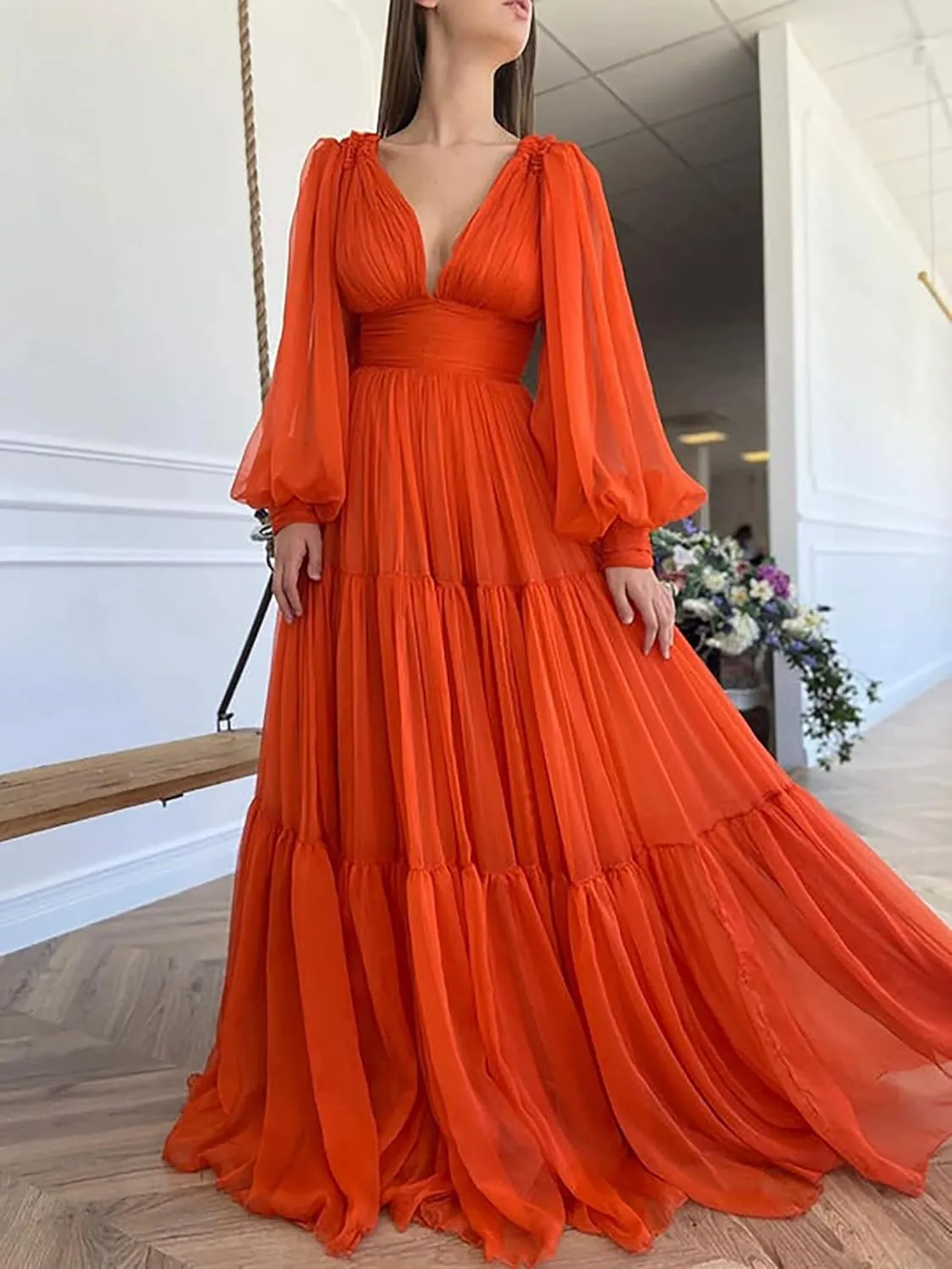 Long Puffy Sleeve Prom Dress V Neck Empire Waist Ball Gown Tulle Formal Evening Gowns for Women Formal