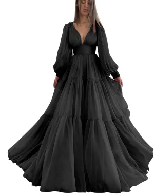 Long Puffy Sleeve Prom Dress V Neck Empire Waist Ball Gown Tulle Formal Evening Gowns for Women Formal