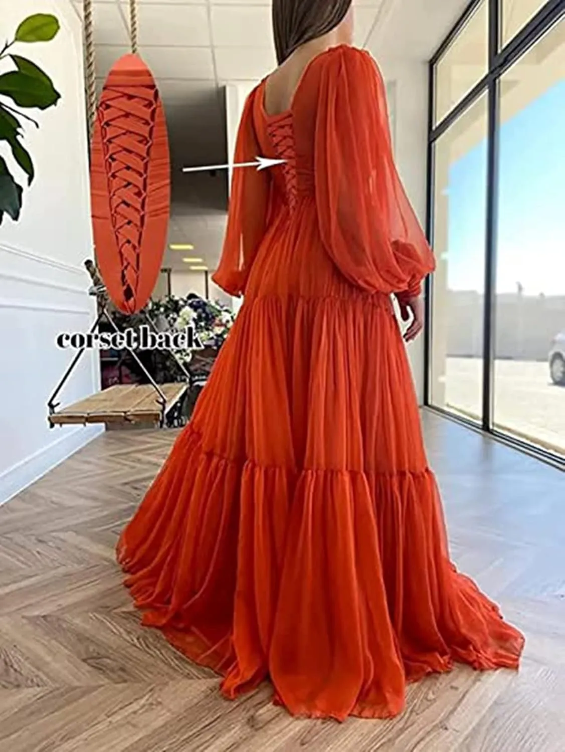 Long Puffy Sleeve Prom Dress V Neck Empire Waist Ball Gown Tulle Formal Evening Gowns for Women Formal