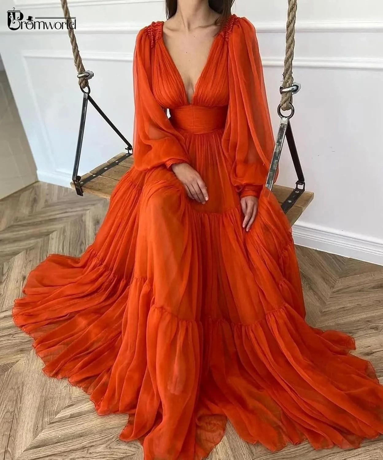 Long Puffy Sleeve Prom Dress V Neck Empire Waist Ball Gown Tulle Formal Evening Gowns for Women Formal