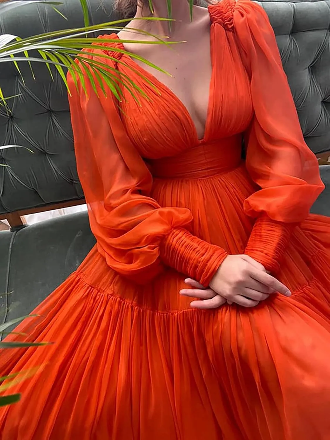 Long Puffy Sleeve Prom Dress V Neck Empire Waist Ball Gown Tulle Formal Evening Gowns for Women Formal