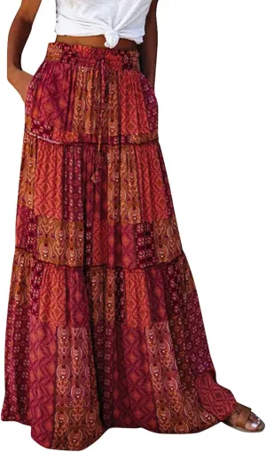 Long Skirts for Women Summer A-Line Flowy Swing Maxi Ruffle Tiered Skirt Beach Vacation Clothes