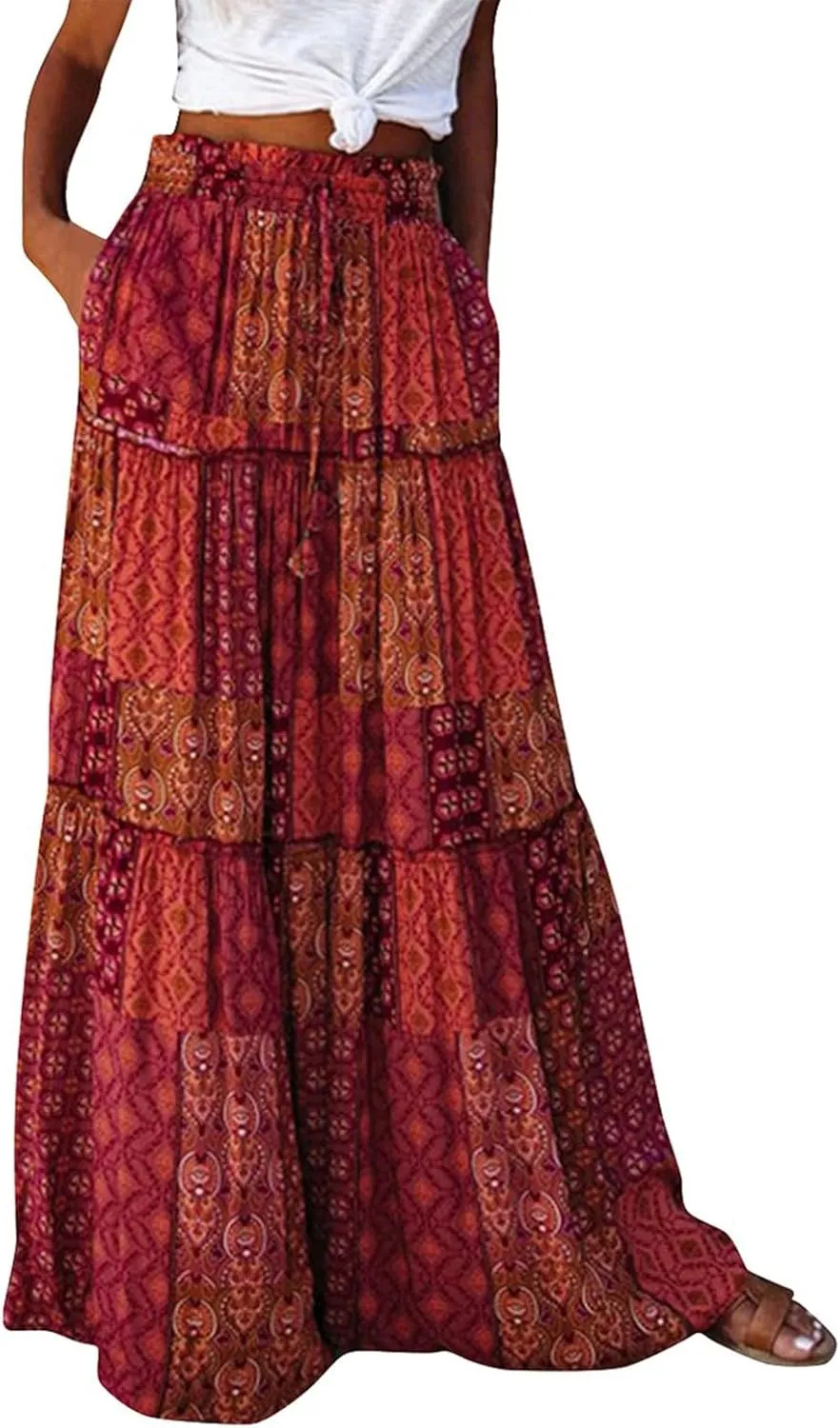 Long Skirts for Women Summer A-Line Flowy Swing Maxi Ruffle Tiered Skirt Beach Vacation Clothes