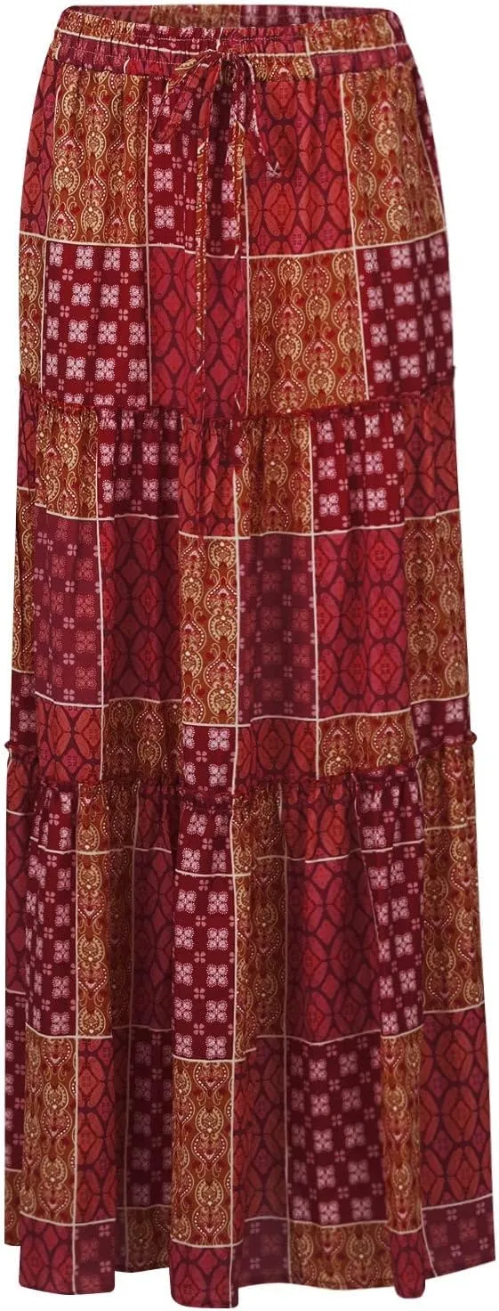 Long Skirts for Women Summer A-Line Flowy Swing Maxi Ruffle Tiered Skirt Beach Vacation Clothes