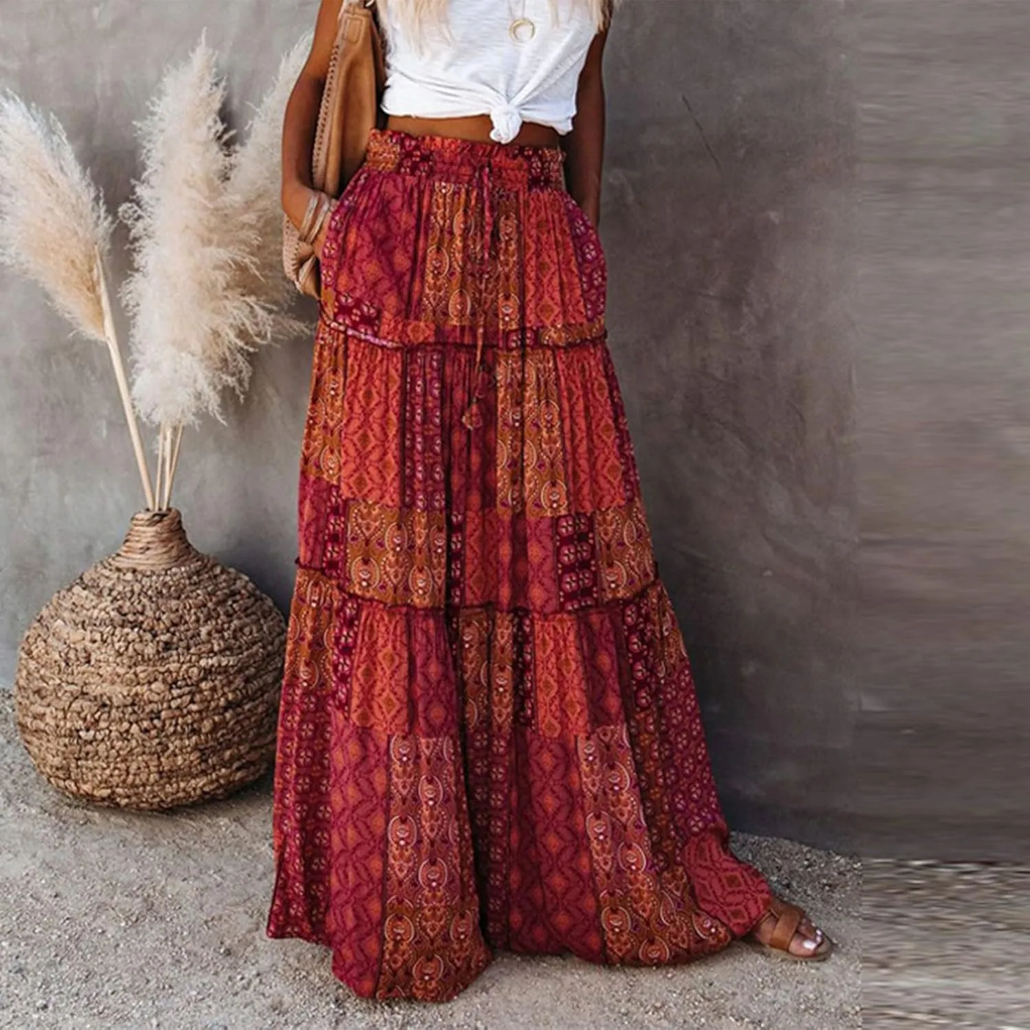 Long Skirts for Women Summer A-Line Flowy Swing Maxi Ruffle Tiered Skirt Beach Vacation Clothes