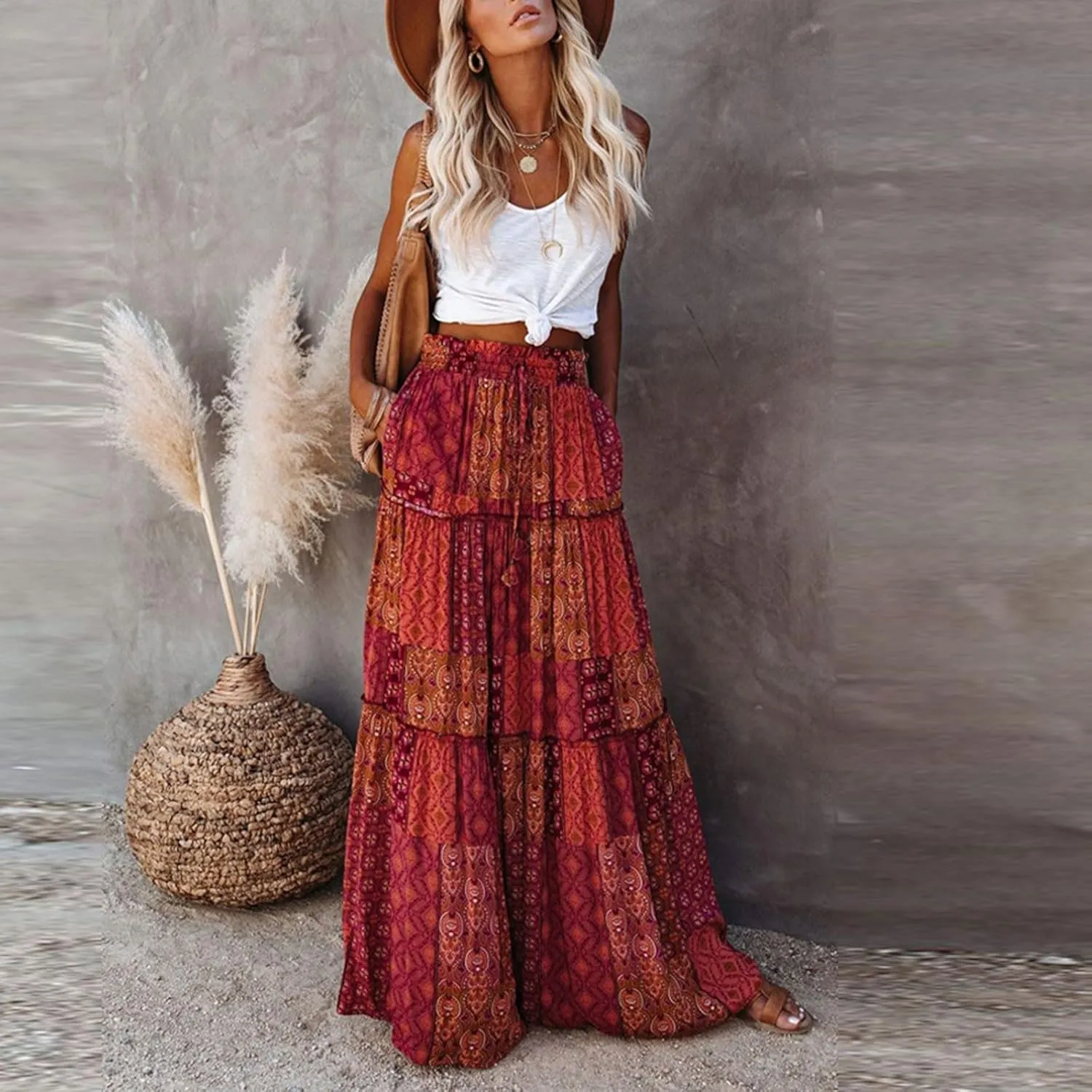 Long Skirts for Women Summer A-Line Flowy Swing Maxi Ruffle Tiered Skirt Beach Vacation Clothes