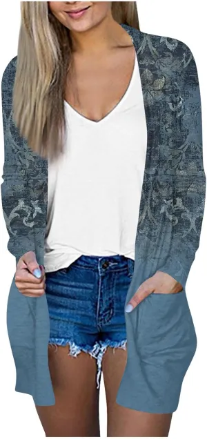 Long Sleeve Cardigan for Women Plus Size Open Front Kimono Cardigan with Pockets Elastic Loose Fit Tunic Shirts