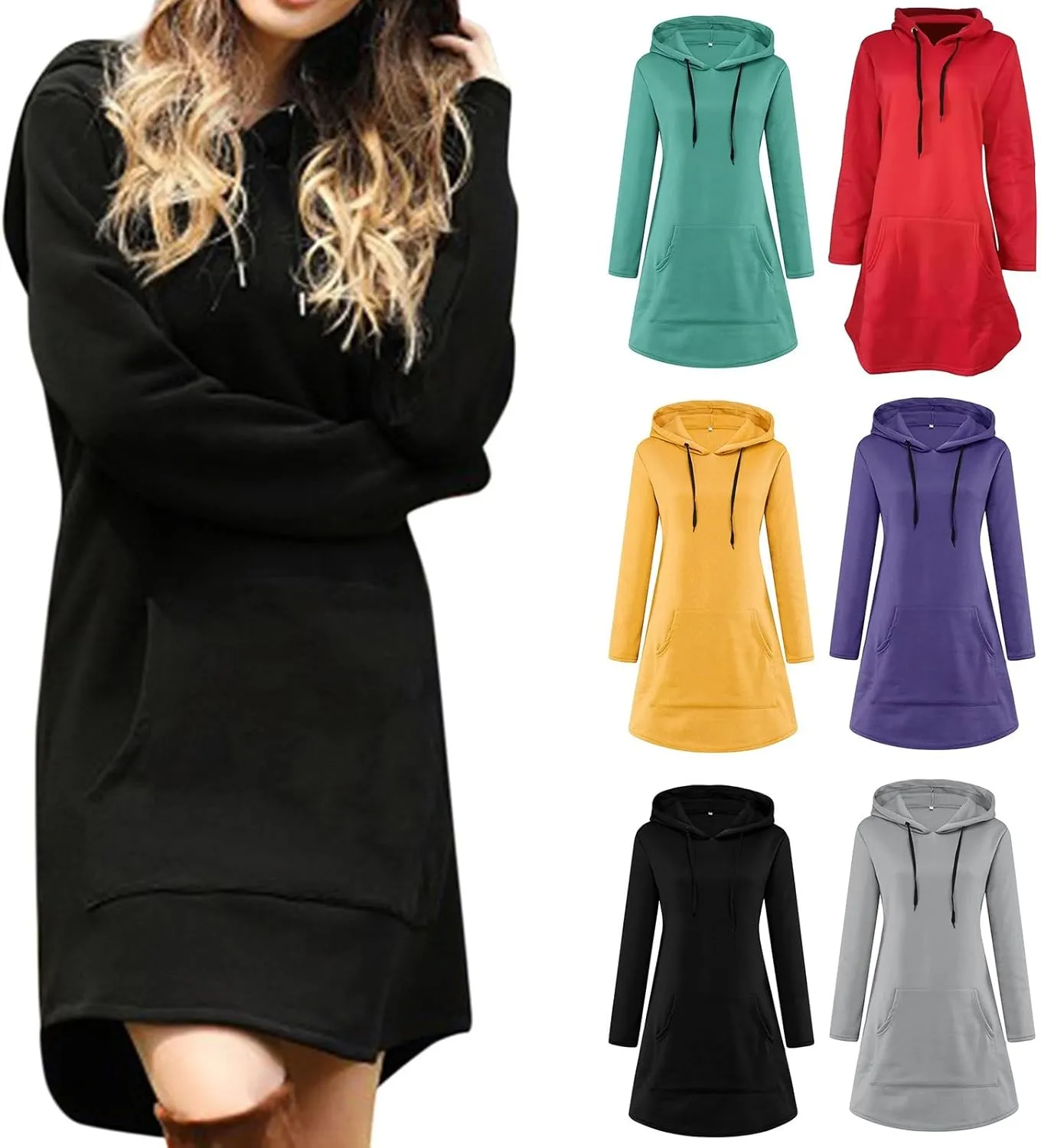 Long Sleeve Dress for Women Lightweight Kangaroo Pocket Hoodie Dress Fall Hoode Sweatshirts Dress for Women