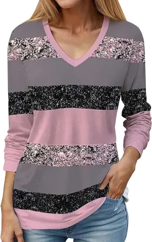 Long Sleeve Shirts for Women V Neck Pullover Tunics Casual Graphic Sequin Tops Glitter Printed Sweatshirt Blouse