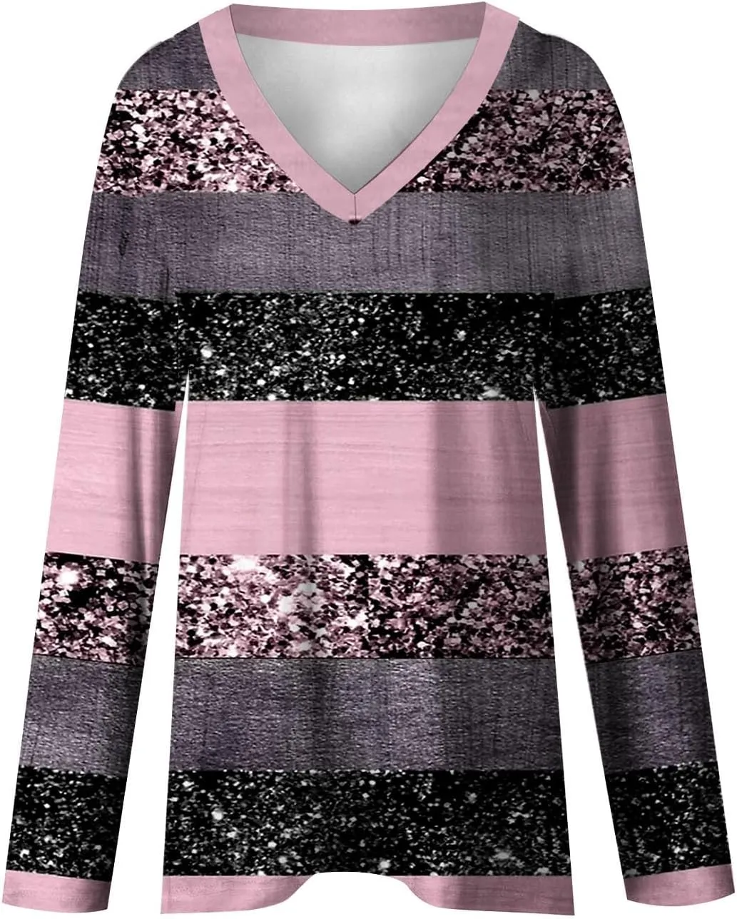 Long Sleeve Shirts for Women V Neck Pullover Tunics Casual Graphic Sequin Tops Glitter Printed Sweatshirt Blouse