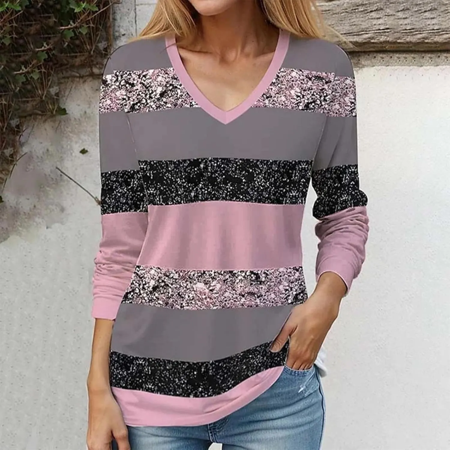 Long Sleeve Shirts for Women V Neck Pullover Tunics Casual Graphic Sequin Tops Glitter Printed Sweatshirt Blouse