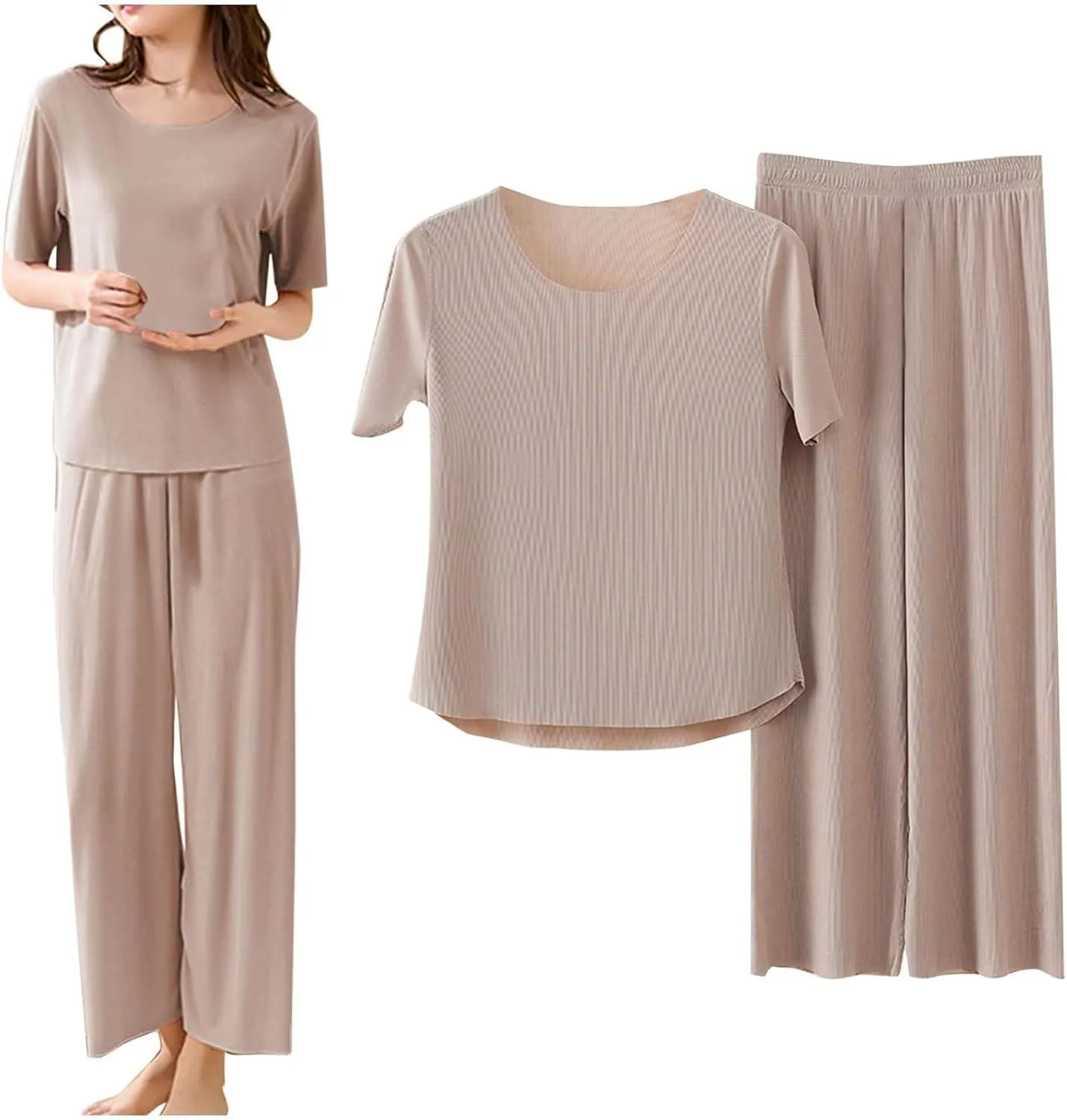 Lounge Sets for Women 2 Piece Pajama Sets 2025 Summer Short Sleeve Ice Silk Plus Size High Waist Wide Leg Soft Sleepwear
