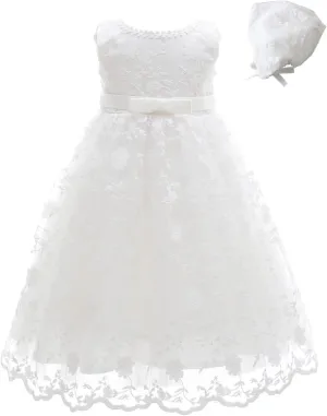 Meiqiduo Baby Girls Lace Christening Baptism Gowns Dresses with Bonnet