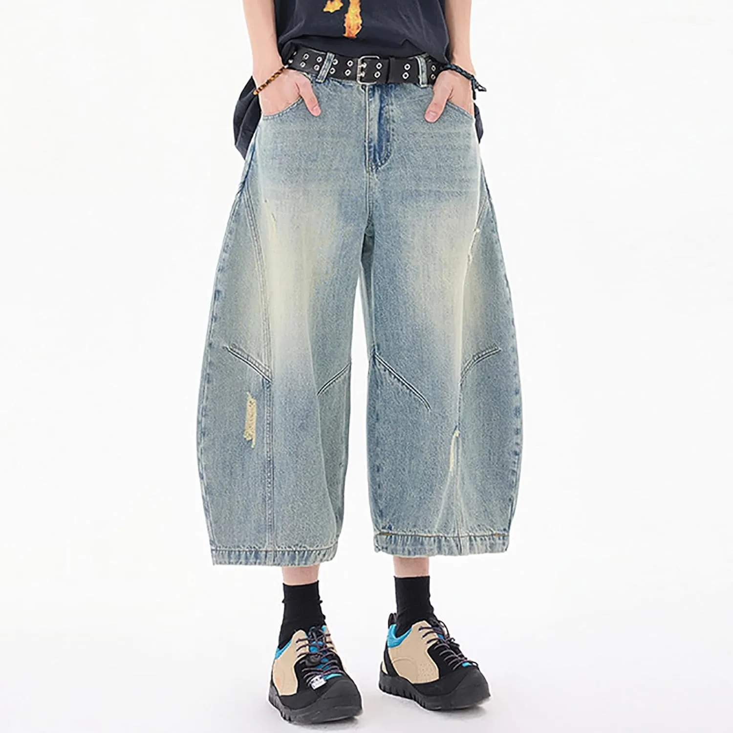 Men Loose Hip Hop Long Jean Shorts Work Denim Shorts with Pockets Skateboard Pants Streetwear Clothes