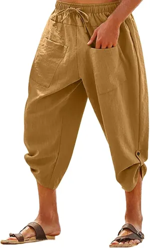 Mens Big and Tall Linen Harem Capri Pants Lightweight Loose Fit 3/4 Short Drawstring Elastic Waist Baggy Yoga Trouser