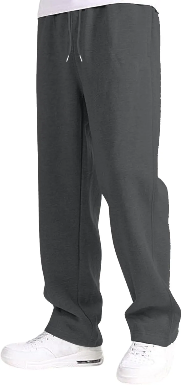 Men's Fleece Lined Sweatpants Wide Free Straight Leg Jogging Pants Workout High Waist Yoga Pants with Pockets