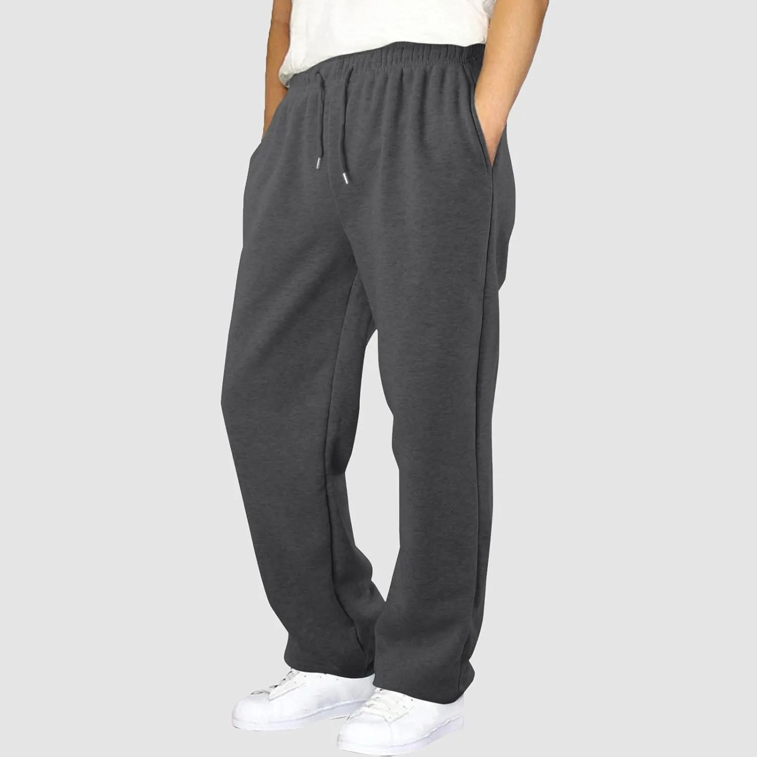 Men's Fleece Lined Sweatpants Wide Free Straight Leg Jogging Pants Workout High Waist Yoga Pants with Pockets