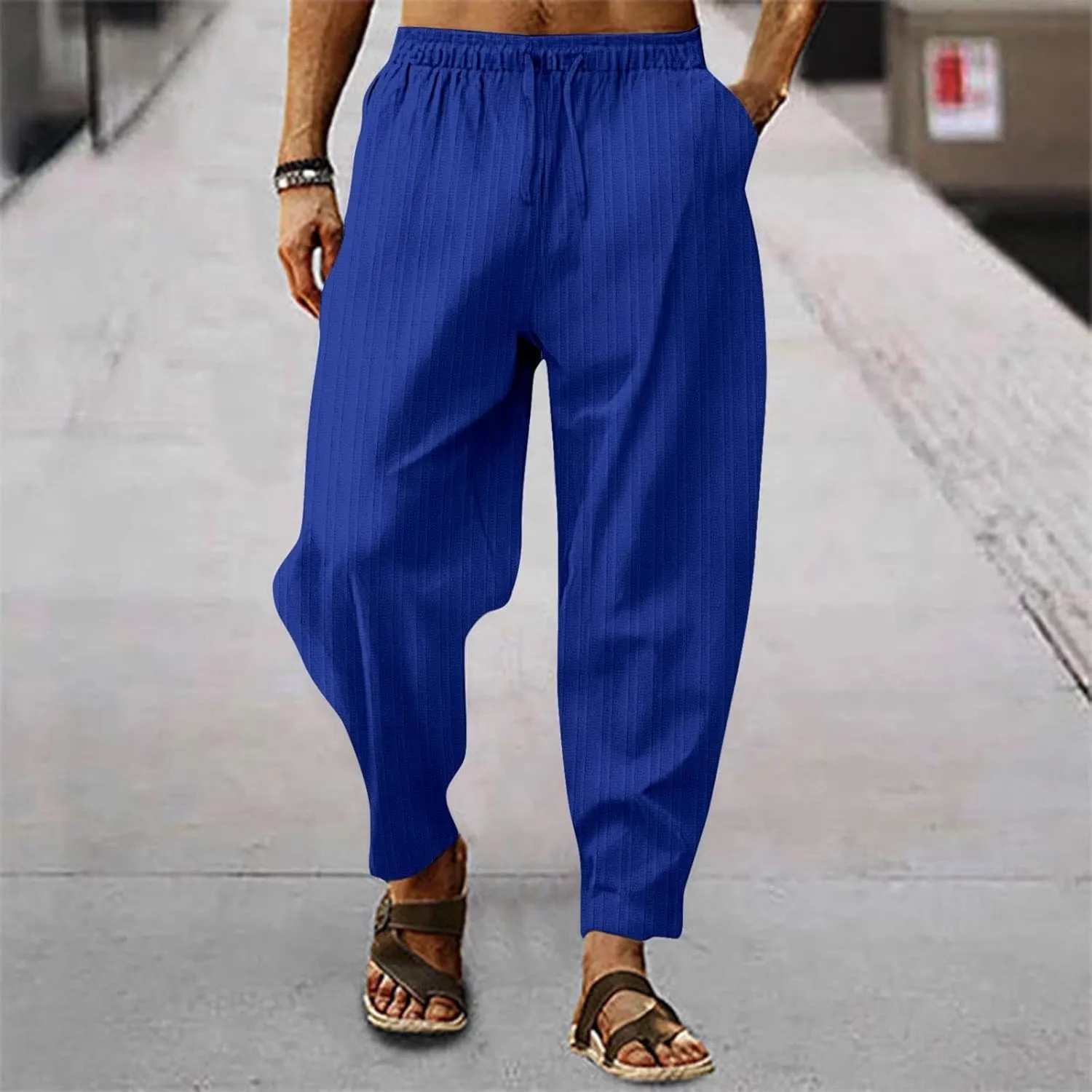 Mens Linen Cotton Yoga Casual Pants for Summer Drawstring Beach Trousers Loose Fit Baggy Lounge Jogger Sweatpants