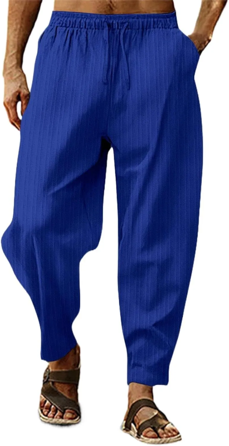 Mens Linen Cotton Yoga Casual Pants for Summer Drawstring Beach Trousers Loose Fit Baggy Lounge Jogger Sweatpants