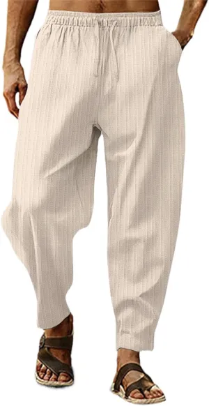 Mens Linen Cotton Yoga Casual Pants Summer Drawstring Elastic Waist Beach Trousers Loose Lounge Jogger Sweatpants