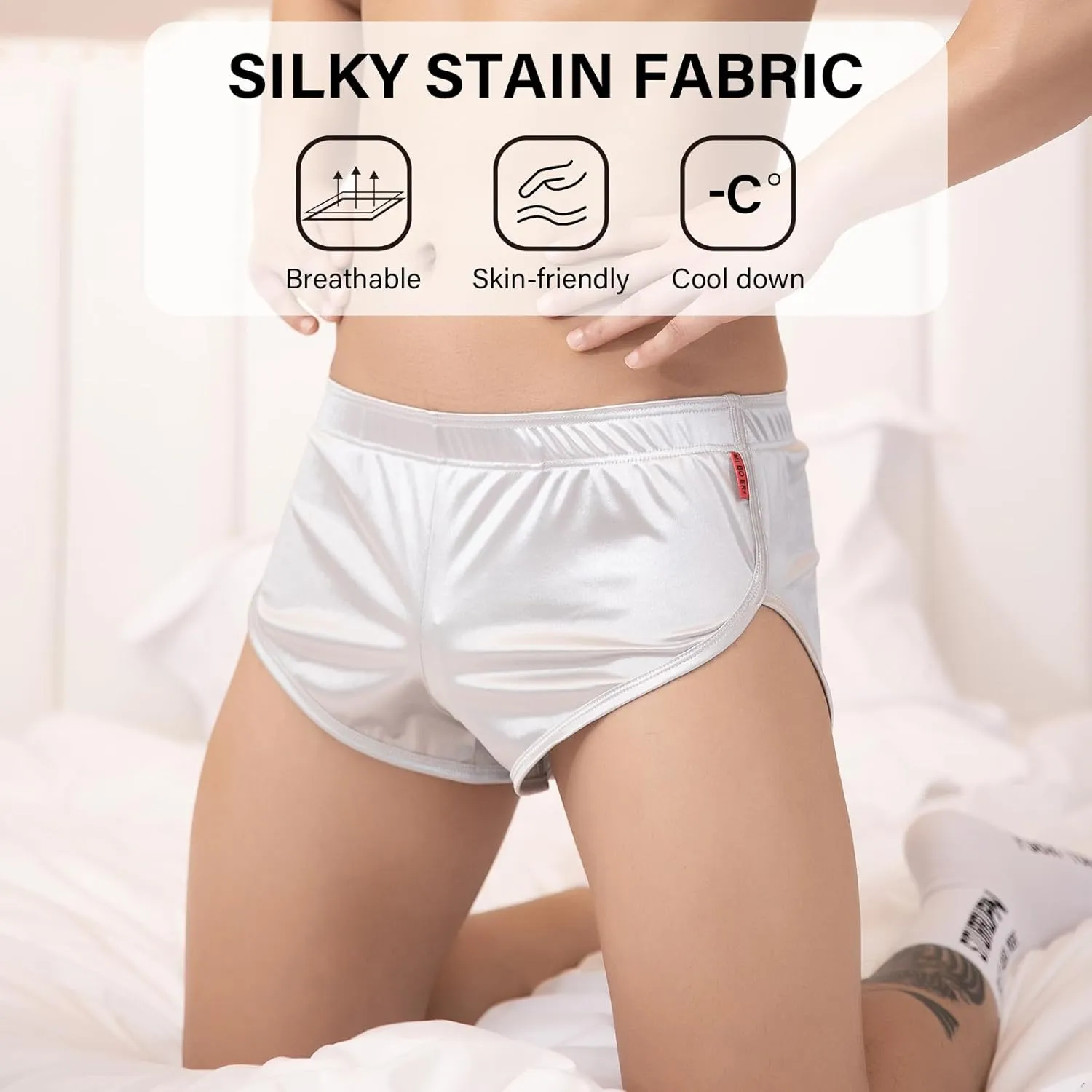 Mens Satin Boxer Briefs Silk Boxers with Pouch Lounge Shorts Split Side Pajama Bottoms Running Sweatshorts