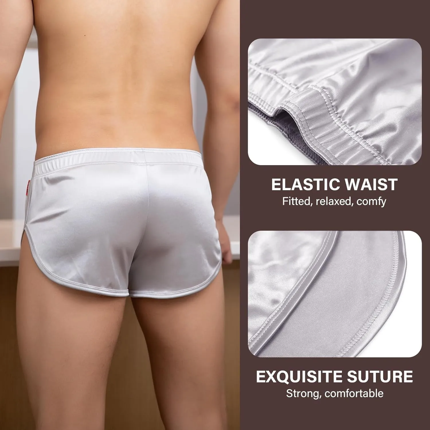 Mens Satin Boxer Briefs Silk Boxers with Pouch Lounge Shorts Split Side Pajama Bottoms Running Sweatshorts
