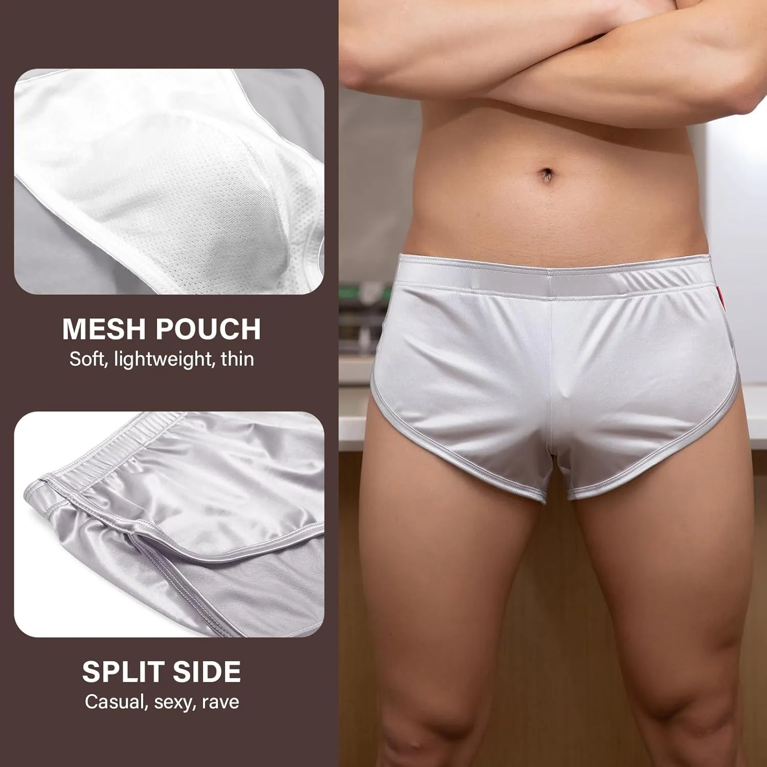 Mens Satin Boxer Briefs Silk Boxers with Pouch Lounge Shorts Split Side Pajama Bottoms Running Sweatshorts
