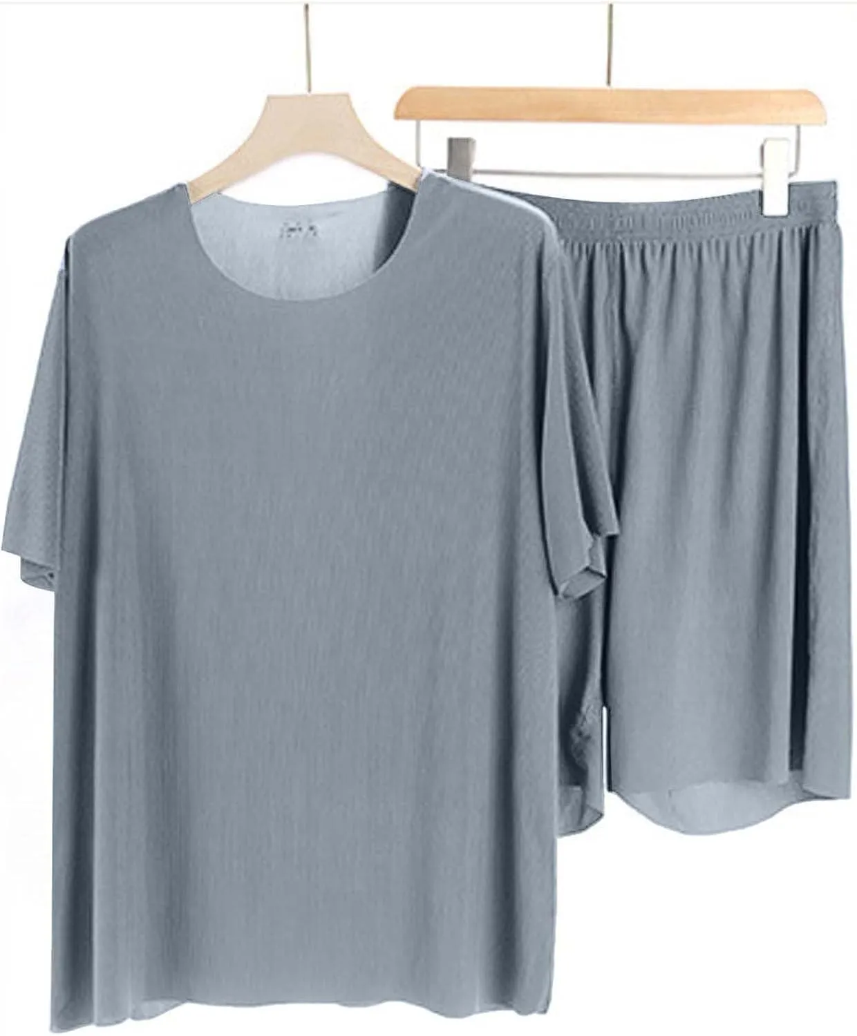 Mens Sliky Pajama Sets Summer Homewear 2 Piece Outfits Short Sleeve Crewneck T-Shirts and Shorts Basic Sleep Set