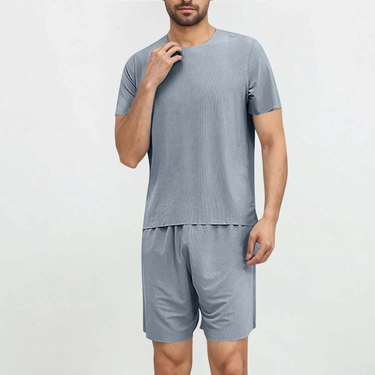 Mens Sliky Pajama Sets Summer Homewear 2 Piece Outfits Short Sleeve Crewneck T-Shirts and Shorts Basic Sleep Set