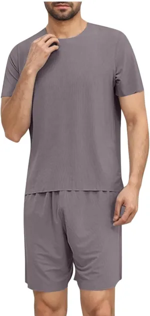 Mens Sliky Pajama Sets Summer Homewear 2 Piece Outfits Short Sleeve Crewneck T-Shirts and Shorts Basic Sleep Set