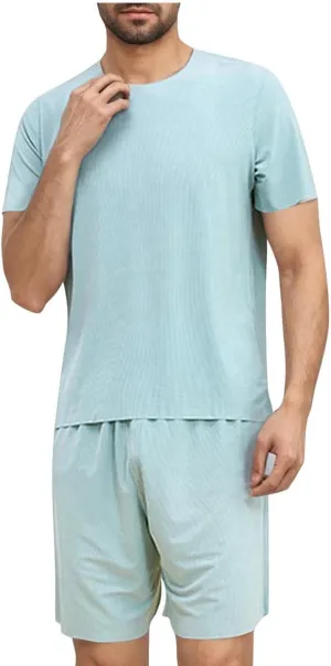 Mens Sliky Pajama Sets Summer Homewear 2 Piece Outfits Short Sleeve Crewneck T-Shirts and Shorts Basic Sleep Set