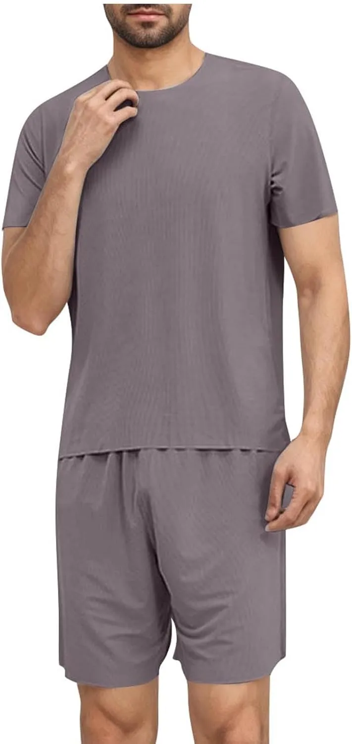 Mens Sliky Pajama Sets Summer Homewear 2 Piece Outfits Short Sleeve Crewneck T-Shirts and Shorts Basic Sleep Set