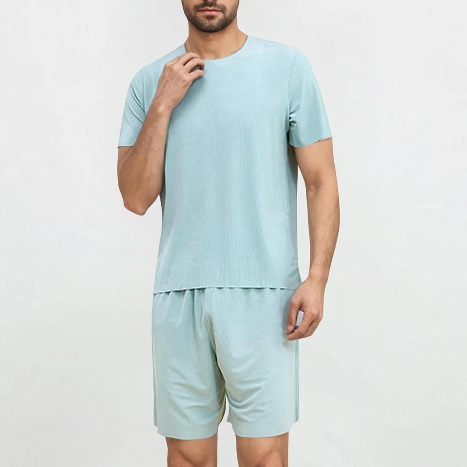 Mens Sliky Pajama Sets Summer Homewear 2 Piece Outfits Short Sleeve Crewneck T-Shirts and Shorts Basic Sleep Set