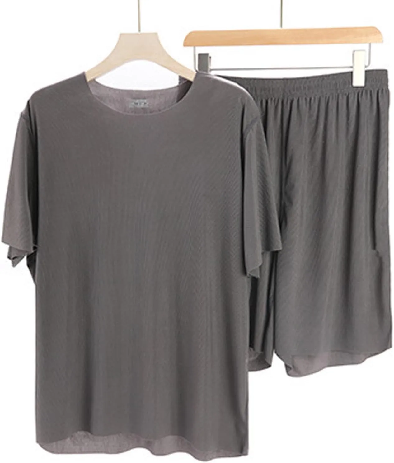 Mens Sliky Pajama Sets Summer Homewear 2 Piece Outfits Short Sleeve Crewneck T-Shirts and Shorts Basic Sleep Set