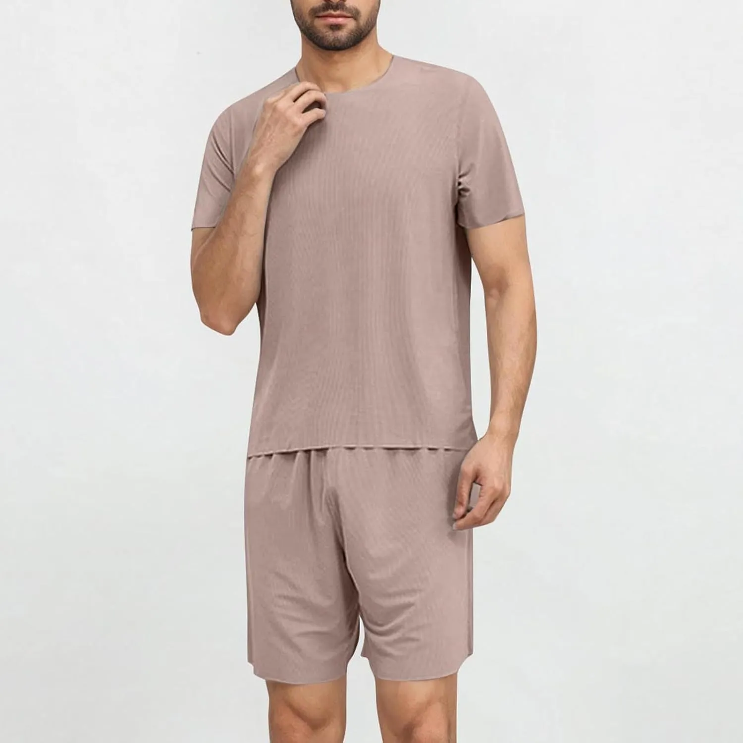 Mens Sliky Pajama Sets Summer Homewear 2 Piece Outfits Short Sleeve Crewneck T-Shirts and Shorts Basic Sleep Set