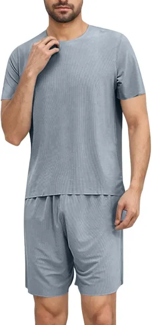 Mens Sliky Pajama Sets Summer Homewear 2 Piece Outfits Short Sleeve Crewneck T-Shirts and Shorts Basic Sleep Set