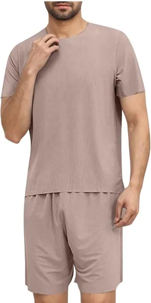 Mens Sliky Pajama Sets Summer Homewear 2 Piece Outfits Short Sleeve Crewneck T-Shirts and Shorts Basic Sleep Set