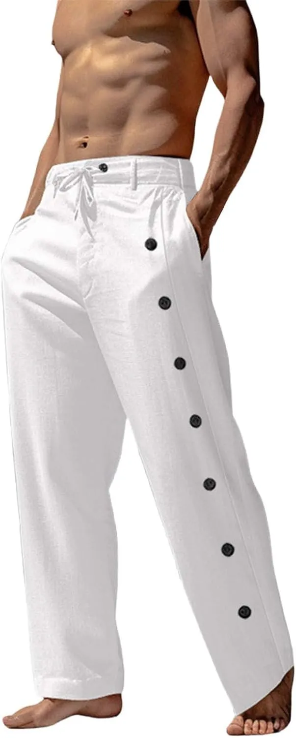 Mens Tailored Wide Leg Pants Linen Beach Summer Pants Elastic Waist Drawstring Casual Loose Yoga Hawaiian Trousers