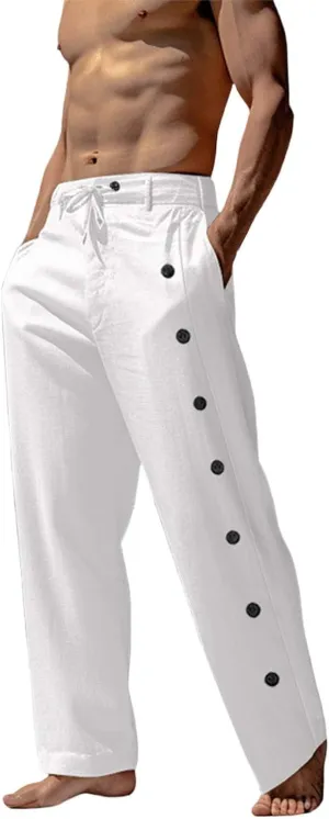 Mens Tailored Wide Leg Pants Linen Beach Summer Pants Elastic Waist Drawstring Casual Loose Yoga Hawaiian Trousers
