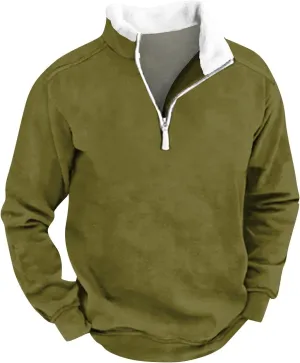 Men's Vintage Western Cowboy Zipper Sweatshirt Winter Warm Pullover 1/4 Zip Stand Collar Fit Casual Tactical Jacket