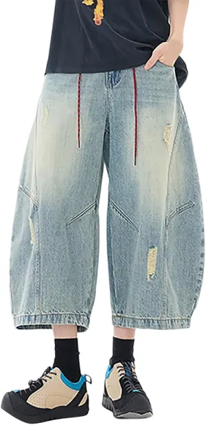 Men's Wide Leg Y2K Hip Hop Mid Jean Shorts Baggy Denim Shorts with Pockets Aesthetic Pants Streetwear Clothes